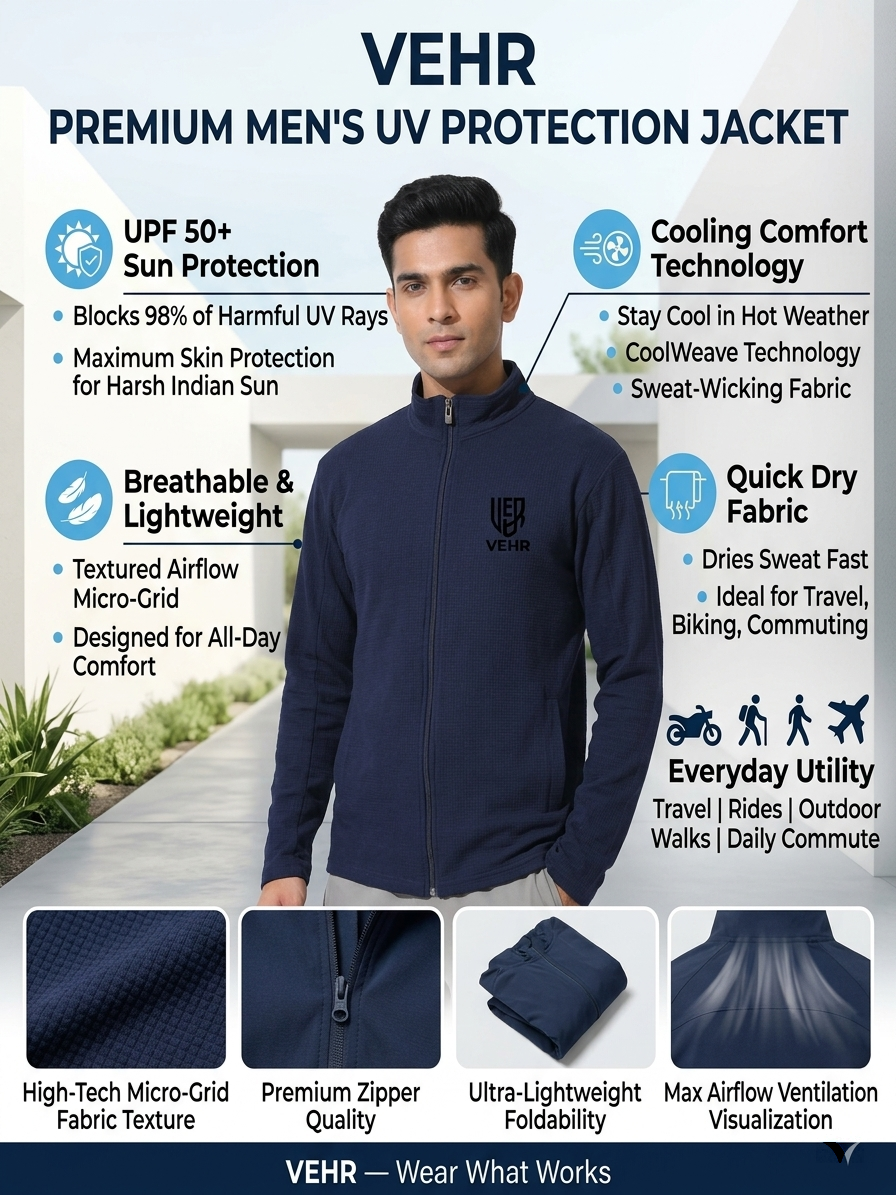 VEHR UPF 50+ UV Protection Cooling Jacket – Lightweight Quick Dry Summer Jacket for Men